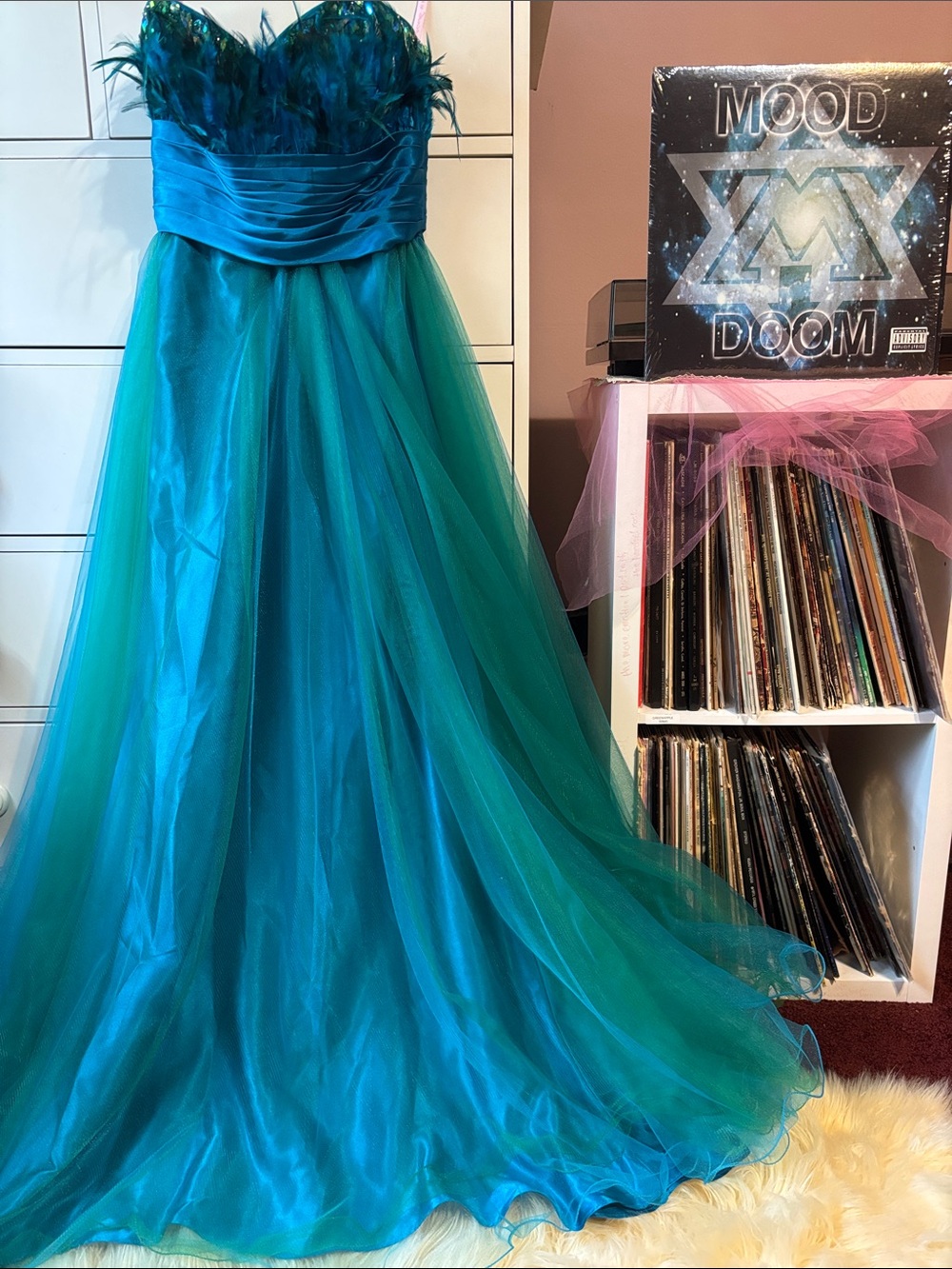 Mermaid Prom Pageant Gown Dress Beaded Feathers Teal Puff Ballgown Long Formal 4